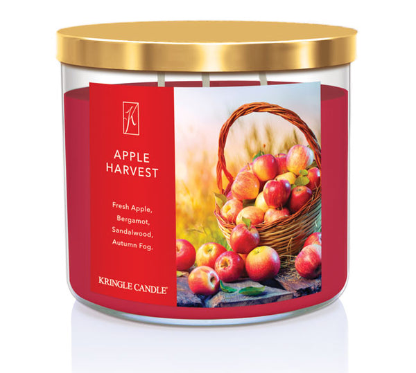 Kringle Candle Apple Harvest candle with a gold lid on a white background