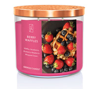 Kringle Candle Berry Waffles candle with pink label and waffle and berry design