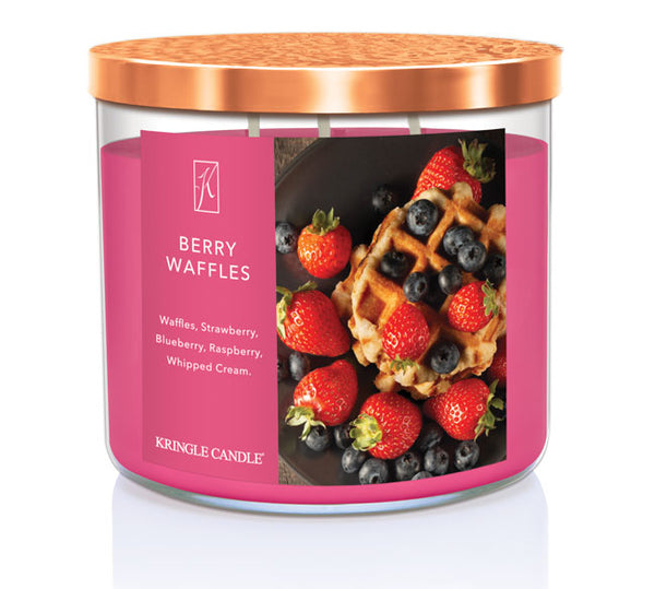 Kringle Candle Berry Waffles candle with pink label and waffle and berry design