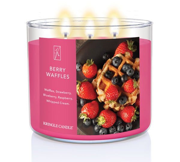Kringle Candle Berry Waffles candle with pink label and waffle and berry design.