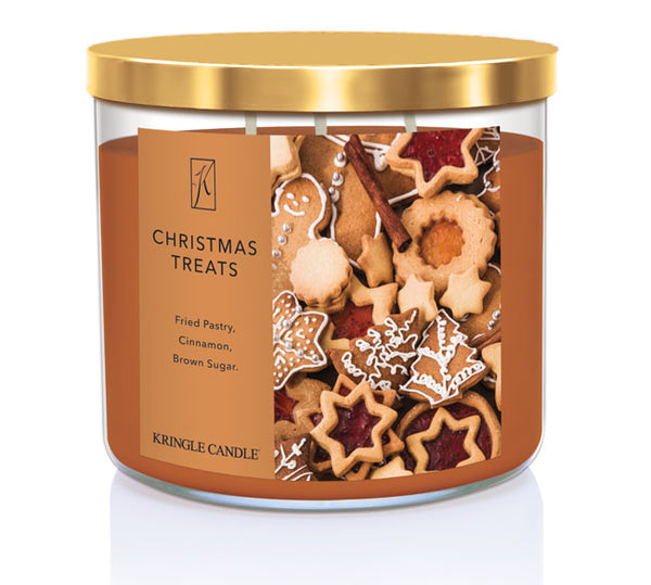 Kringle Candle Christmas Treats candle with gold lid and cookie-themed label on a white background