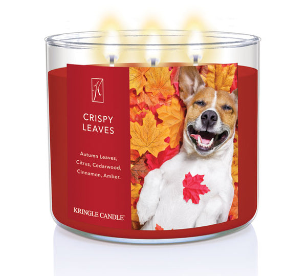 Kringle lit Candle with 'Crispy Leaves' label on a white background