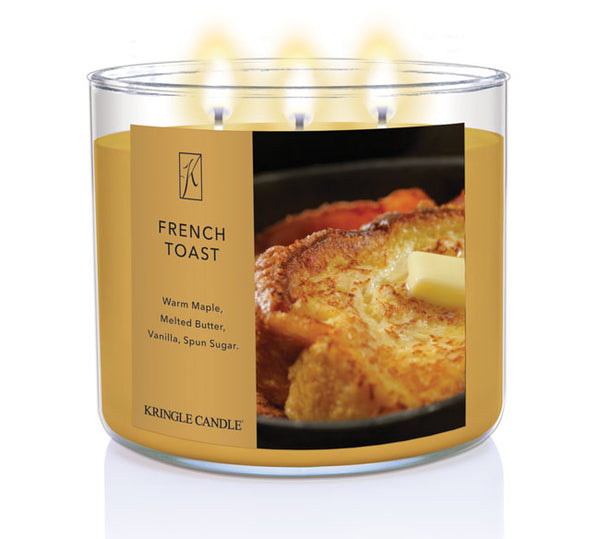 Kringle Candle lit French Toast scented candle with a picture of French toast on the label.