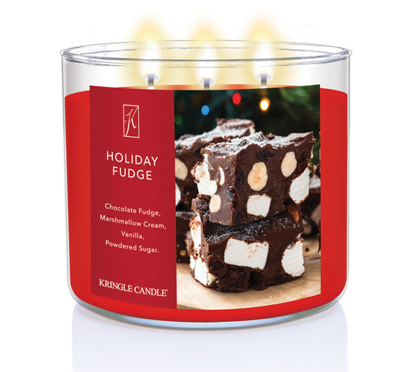 Kringle Candle Holiday Fudge candle with a red label and fudge image on a white background