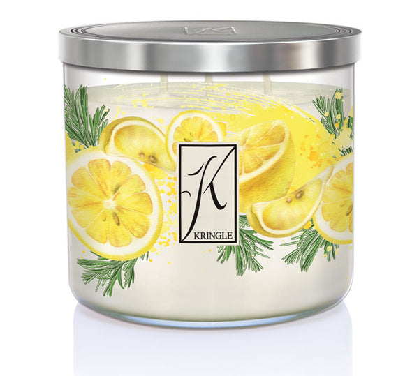 Kringle Candle with lemon and rosemary design on a white background