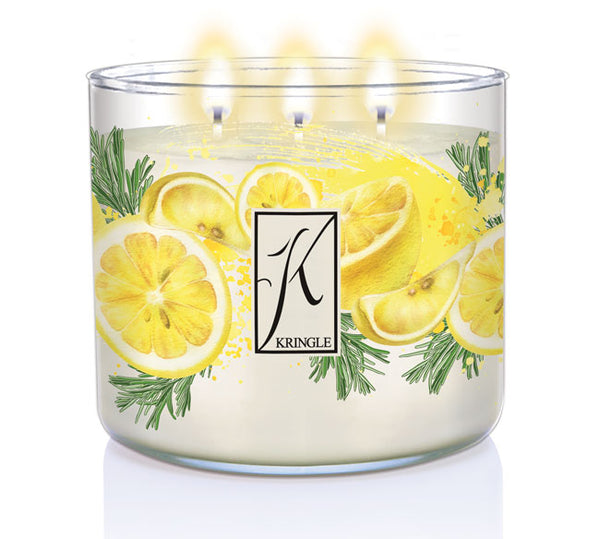 Kringle Candle with lemon and rosemary design on a white background