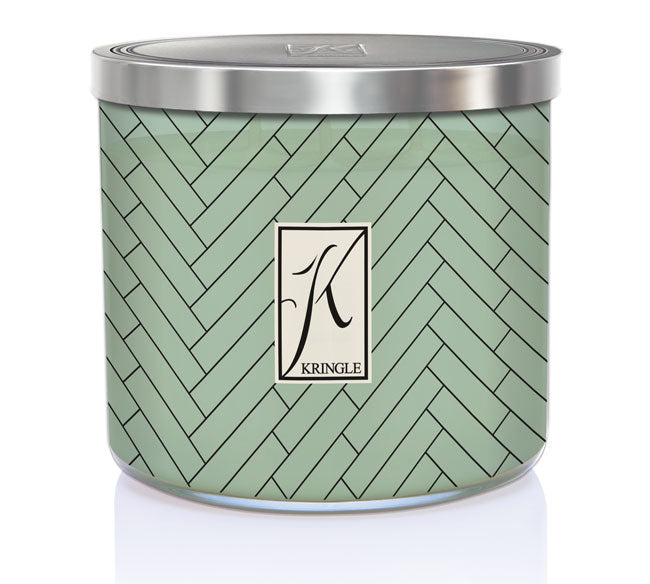 Spa Day Green candle  jar with herringbone pattern and Kringle Candle logo on a white background