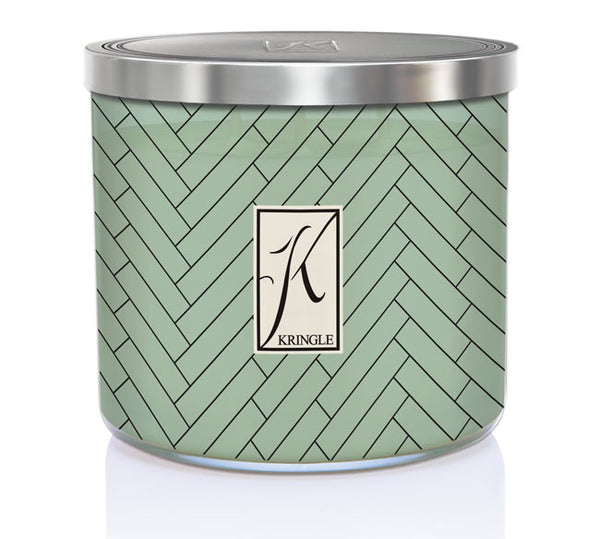 Spa Day Green candle  jar with herringbone pattern and Kringle Candle logo on a white background