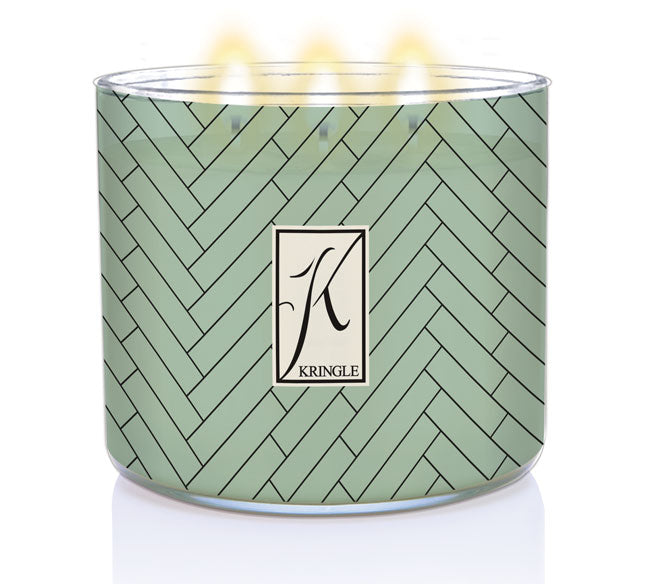 Spa Day Candle with a green patterned container and 'Kringle' logo on a white background