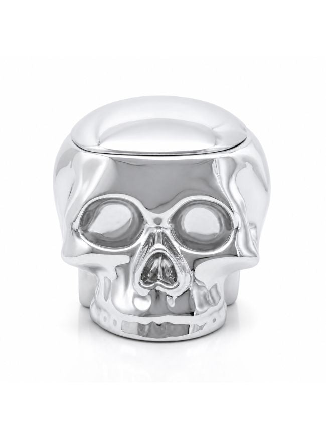 A polished silver skull-shaped container with a hinged lid, shown on a clean white background.