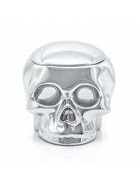 A polished silver skull-shaped container with a hinged lid, shown on a clean white background.