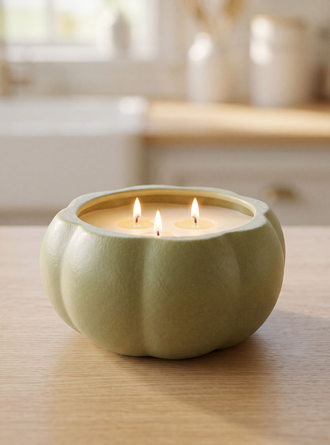 A light sage green pumpkin-shaped candle holder containing two lit candles, set on a light wood table with a softly blurred kitchen background.