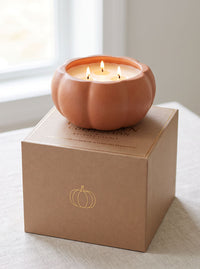 A lit terracotta pumpkin-shaped candle sits on top of a kraft paper gift box with a gold pumpkin outline and the words 'Pumpkin Collection Scented Candle.' The scene is photographed indoors near a window on a light fabric surface.