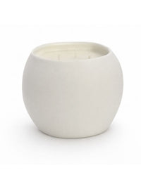 A minimalist, matte off-white ceramic candle holder or vessel with a rounded, egg-shaped form and an open top, shown on a seamless white background.
