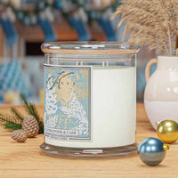 Decorative candle with a label on a table with festive decorations, 4-wick Sandalwood & Cade candle