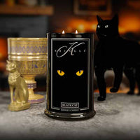 Kringle Candle black cat candle with a black cat in the background