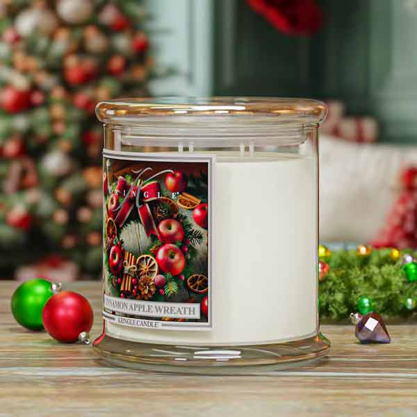 Candle with a festive label in front of a decorated Christmas tree