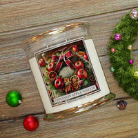 Kringle Candle with Christmas design on a wooden surface with festive decorations.