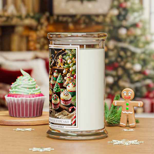 Christmas Cupcake Decorative candle with a Christmas-themed label on a table with festive decorations.