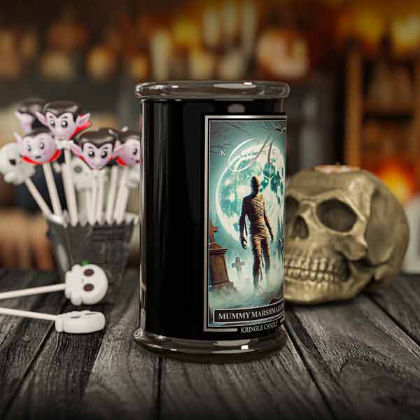 Candle with a mummy design on a wooden surface with Halloween-themed decorations.