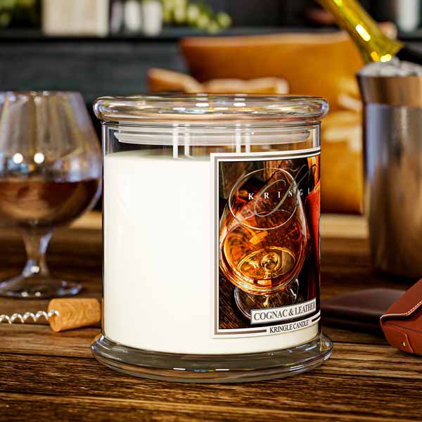 Cognac and leather scented 4-wick candle by Kringle Candle