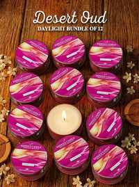 Kranke Candle Desert Oud daylight bundle of 12 candles on a wooden surface.