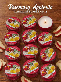 12 Rosemary Applerita  DayLight candles on a wooden surface with apples.