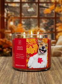 Kringle lit Candle with 'Crispy Leaves' label on a wood table with fall background