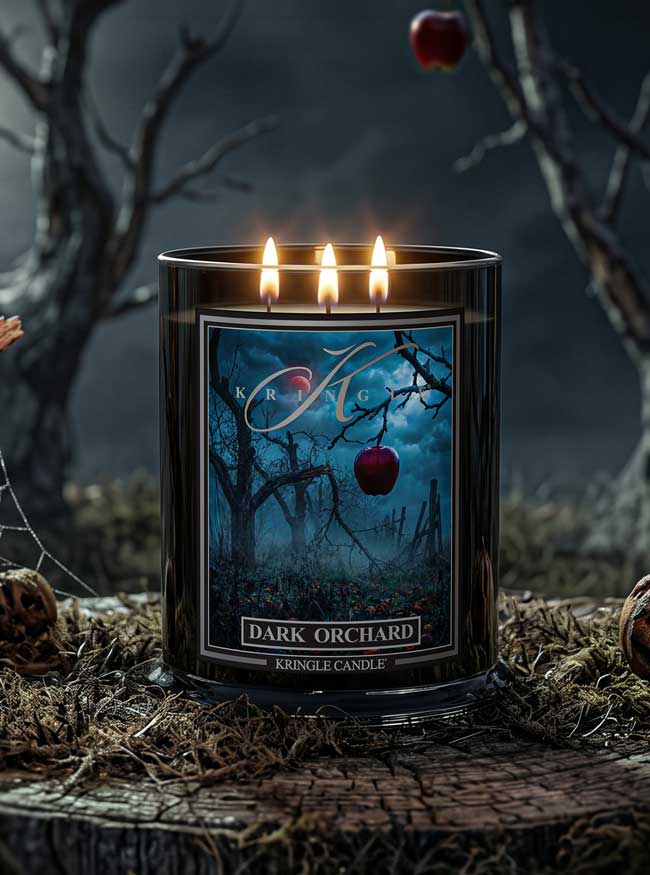 A black glass jar candle with three lit wicks, Halloween-style label 'Dark Orchard' by Kringle Candle, set on a tree stump with dried moss and bare branches in the background.