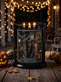A black glass 3-wick Halloween candle labeled 'Krampus' sits on a rustic wooden porch table with warm string lights, pumpkins, and autumn leaves in the background.