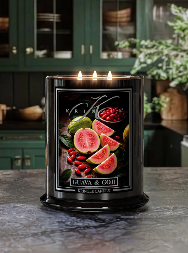 Kringle Candle with guava and goji design candle on a kitchen counter