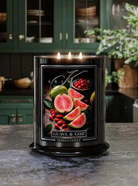 Kringle Candle with guava and goji design candle on a kitchen counter