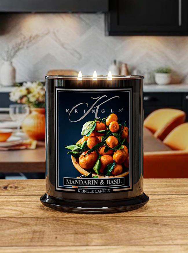 Kringle Candle with Mandarin & Basil scent on a kitchen counter