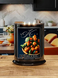 Kringle Candle with Mandarin & Basil scent on a kitchen counter