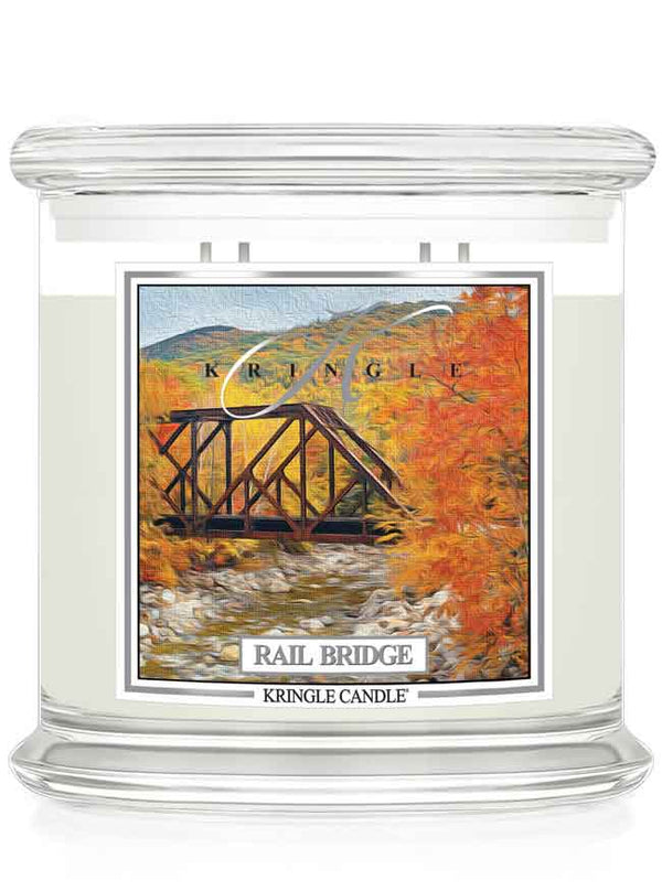Kringle Candle 'Rail Bridge' 4-wick candle with rail bridge design on a white background
