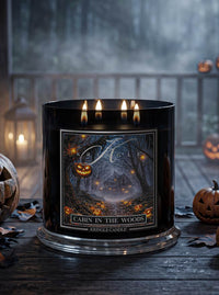 A black Kringle Candle jar with three lit wicks, featuring a Halloween-themed label that reads 'Cabin in the Woods.' The candle sits on a dark wooden surface with pumpkins and lanterns blurred in the background.