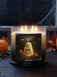 A large lit 4-wick scented candle in a clear glass jar with a black base, featuring a Halloween-themed printed label. The label shows a ghost alligator holding a glowing jack-o'-lantern in a spooky forest scene with pumpkins and houses.