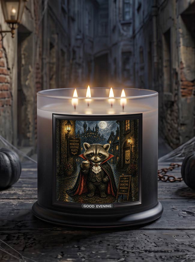 A large glass jar candle with 4 lit wicks, a black base and a printed front label showing a vampire raccoon in a cape on a moonlit street. The candle is lit, with warm yellow wax glowing at the top, and the label reads 'GOOD EVENING'.