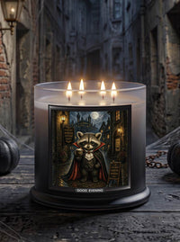 A large glass jar candle with 4 lit wicks, a black base and a printed front label showing a vampire raccoon in a cape on a moonlit street. The candle is lit, with warm yellow wax glowing at the top, and the label reads 'GOOD EVENING'.
