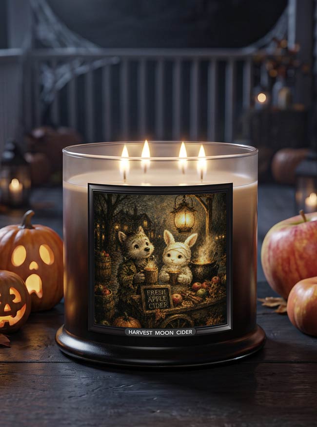 A large 4-wick lit glass jar candle with a clear lid and black base, featuring a front label illustration of two cute animals, including a rabbit, at a cider table with the text 'HARVEST MOON CIDER'.