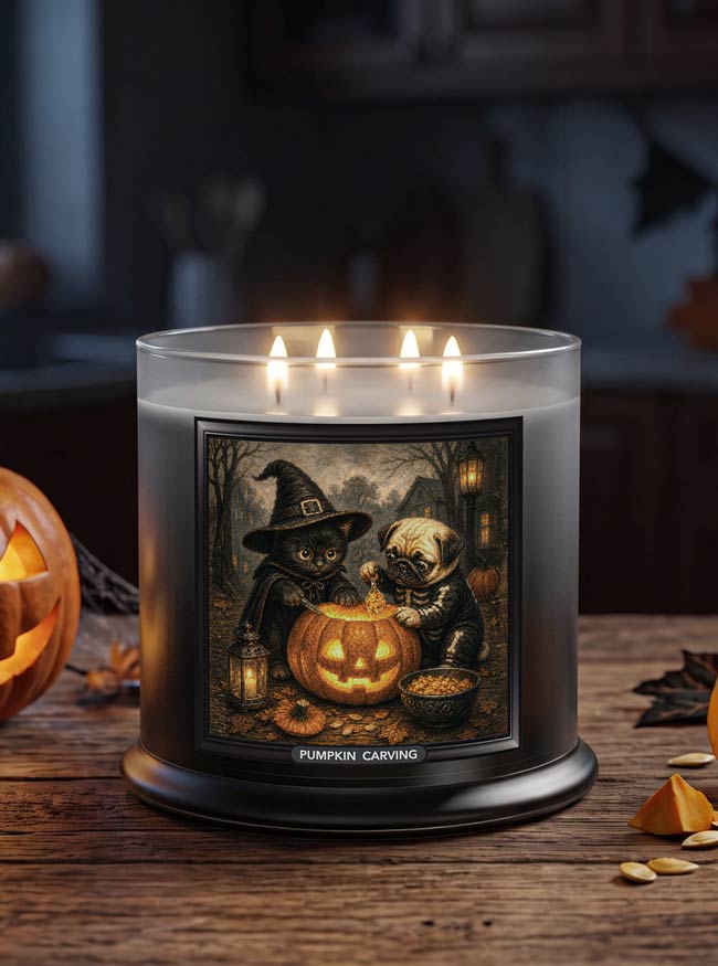 A large scented lit 4-wick candle in a clear glass jar with a black base, featuring a Halloween-themed illustration on the front label of a black cat and a pug dog carving a jack-o'-lantern. The label reads 'PUMPKIN CARVING'.