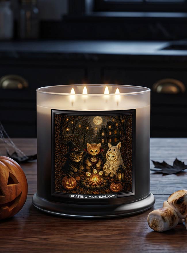 A large scented candle  with 4 wicks lit in a clear glass jar with a black base, featuring a Halloween-themed illustration on the front label. The artwork shows three cats dressed in witch and costume clothing sitting around a warm fire roasting marshmallows with pumpkins and a haunted house in the background.
