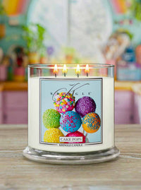 Kringle Candle Cake Pops scented candle with colorful cake pop design on a lifestyle kitchen background