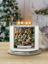 Kringle Candle with festive design in front of a decorated Christmas tree