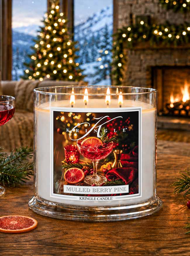 A large glass jar candle with four lit wicks sits on a wooden table in a cozy holiday living room. The candle label reads 'KRINGLE CANDLE' and 'MULLED BERRY PINE,' with festive artwork showing a red mulled wine glass, berries, citrus slices, and holiday decorations.