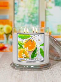 Kringle Candle with 'Citrus Blossom & Honey' label featuring oranges and flowers on a blurred background.