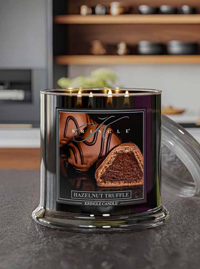 Kirkland Hazelnut Truffle candle on a kitchen counter with blurred background