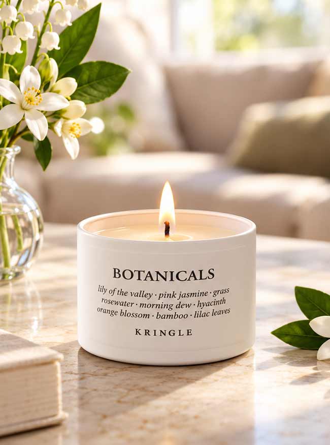 A lit white scented candle tin labeled 'BOTANICALS' by KRINGLE sits on a marble table in a softly blurred living room setting, with white flowers and green leaves around it.