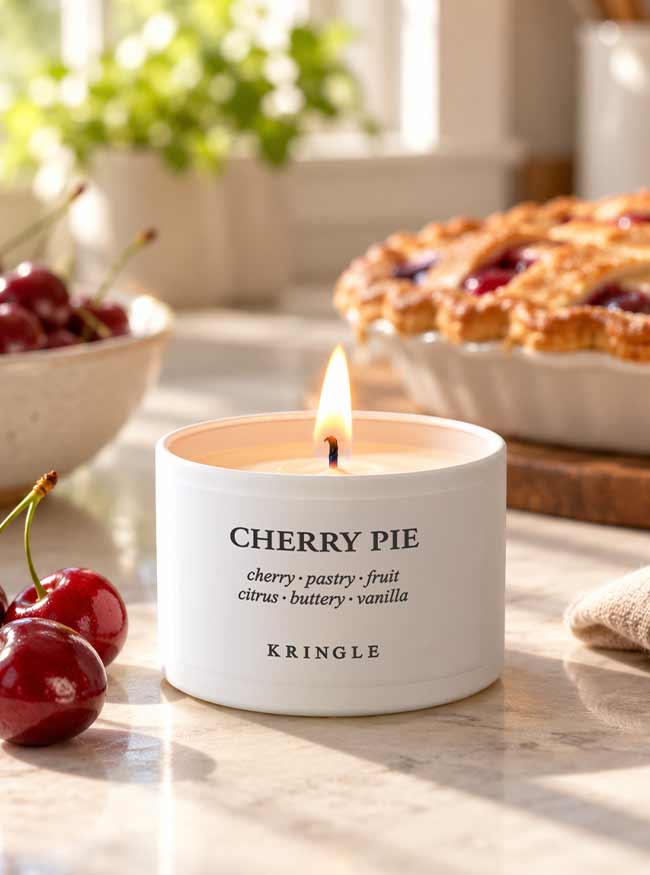 A lit white candle tin labeled 'CHERRY PIE' by Kringle sits on a marble surface with cherries and a pie in the background, creating a cozy kitchen scene.