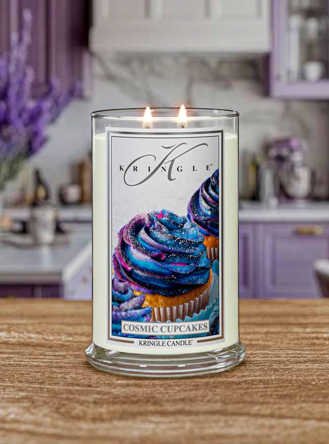 Kringle Candle with 'Cosmic Cupcakes' design with a kitchen lifestyle background